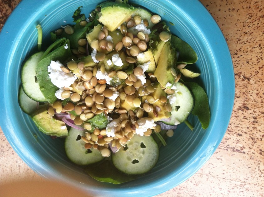 green salad with sprouted lentils