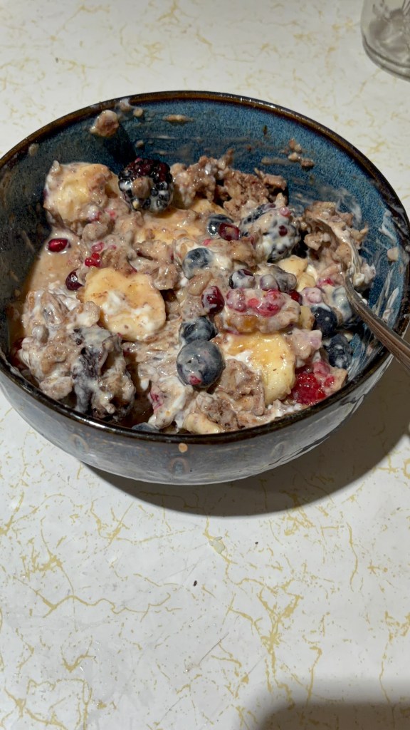 The oatmeal base with fruit, nuts, and yogurt makes a hearty breakfast.